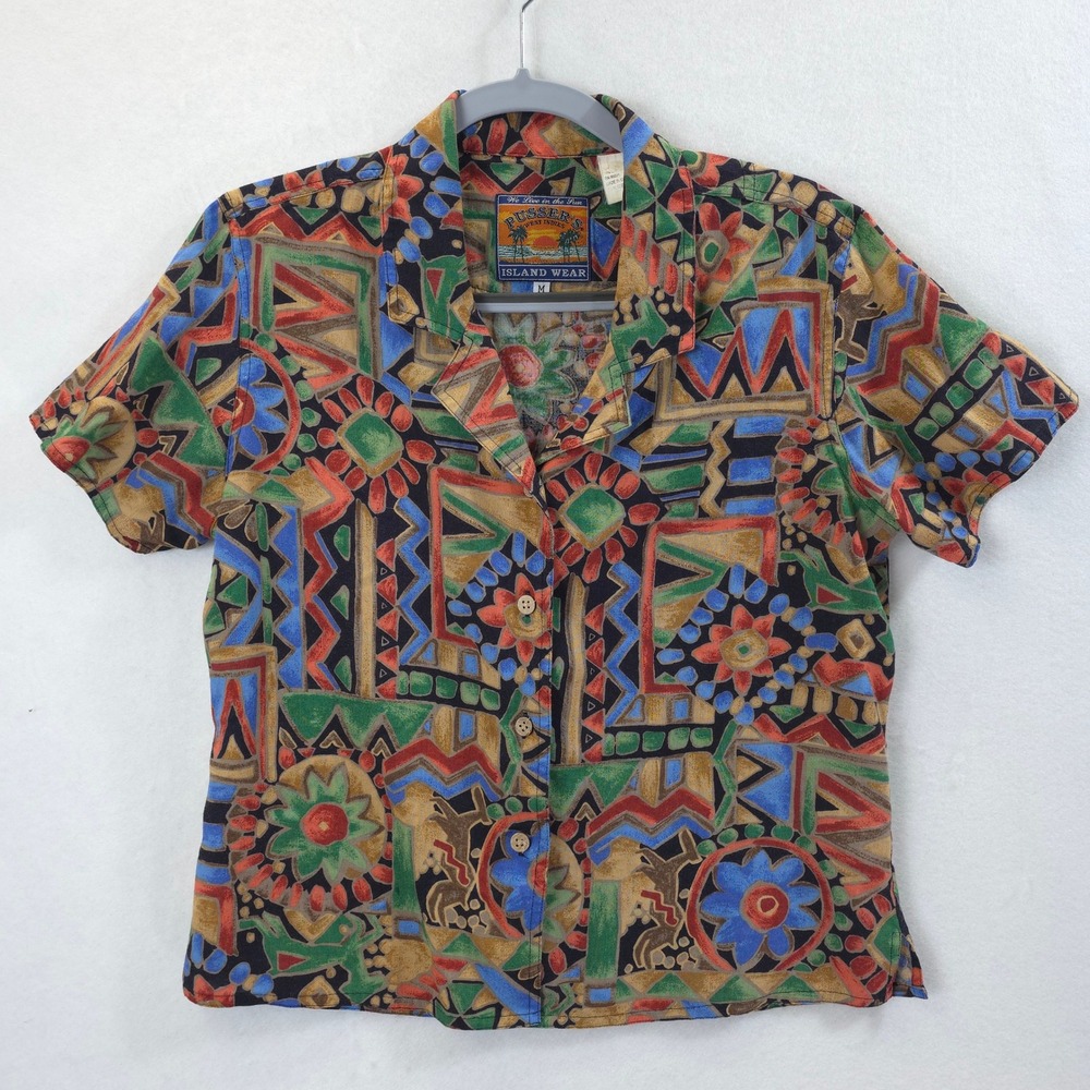 Pusser's West Indies Button Up Linen Blend Geo Tribal Print Multi Women M Boho